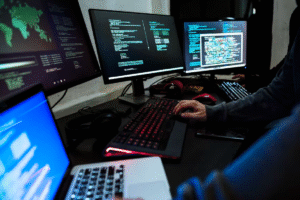 человек за мониторами компьютеров и ноутбуками работает с лучшими drag-and-drop-альтернативами Weebly для быстрого переноса сайта